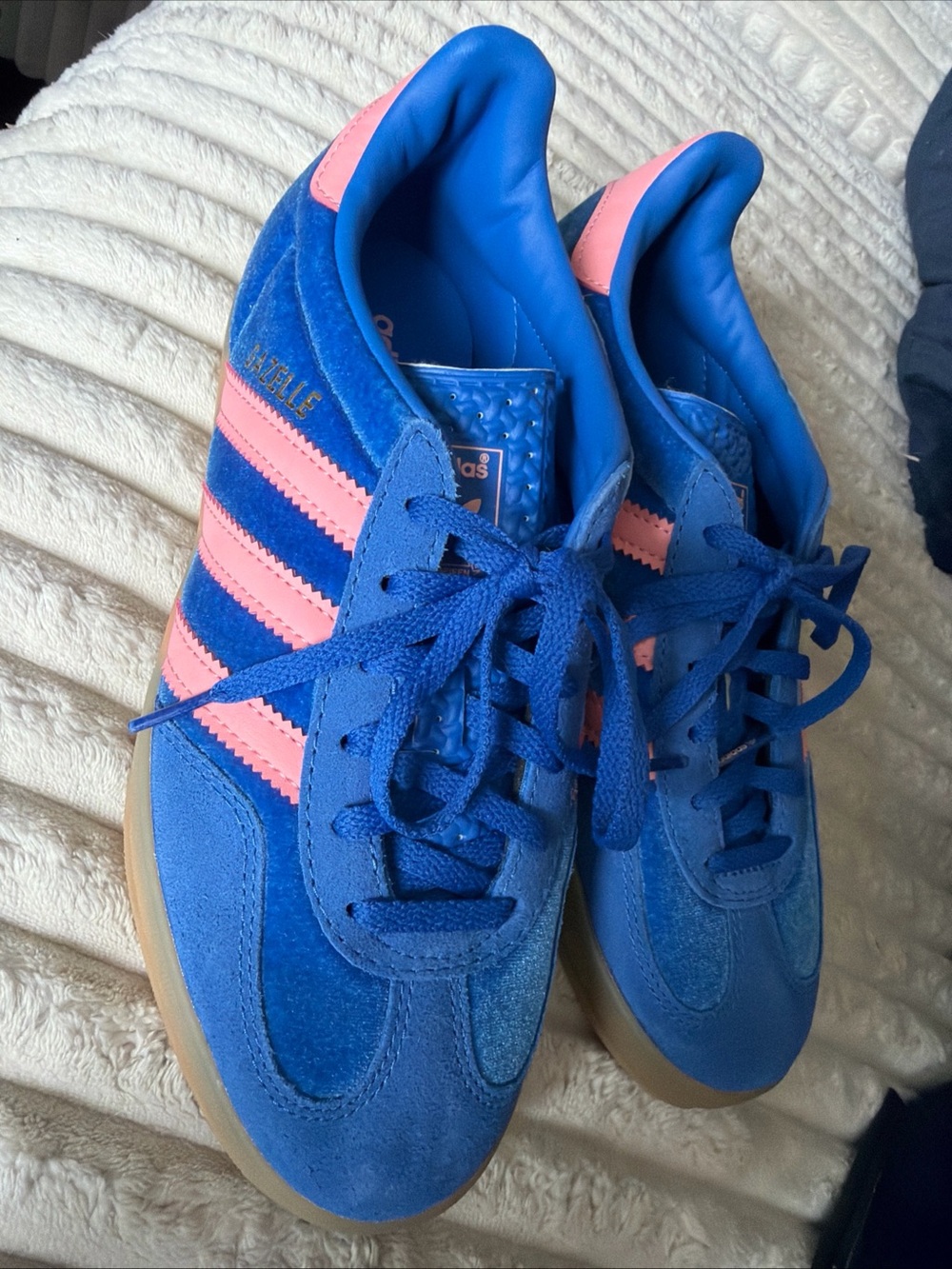 adidas Blue Suede Sneakers with Pink Three-Stripes
